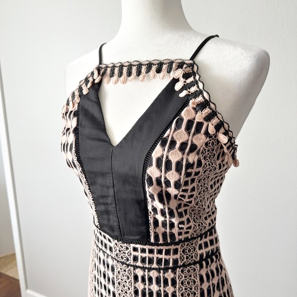 Harlyn Blush & Black Lace Overlay Sheath Cocktail Dress Scallop Hem Size Medium - Picture 6 of 15